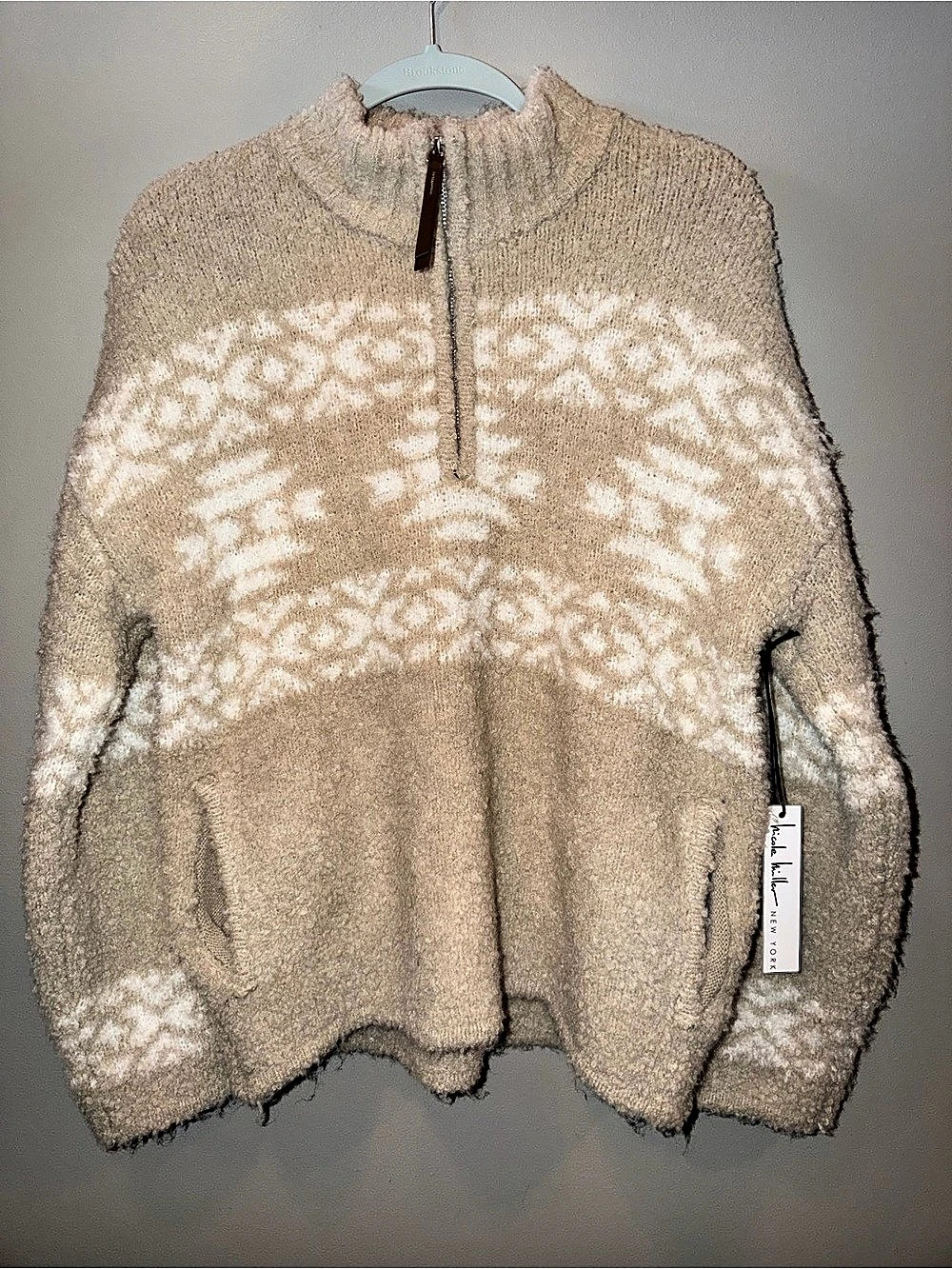 Nicole Miller Fair Isle Fuzzy Quarter Zip Pullover Sweater Mock Neck size Medium